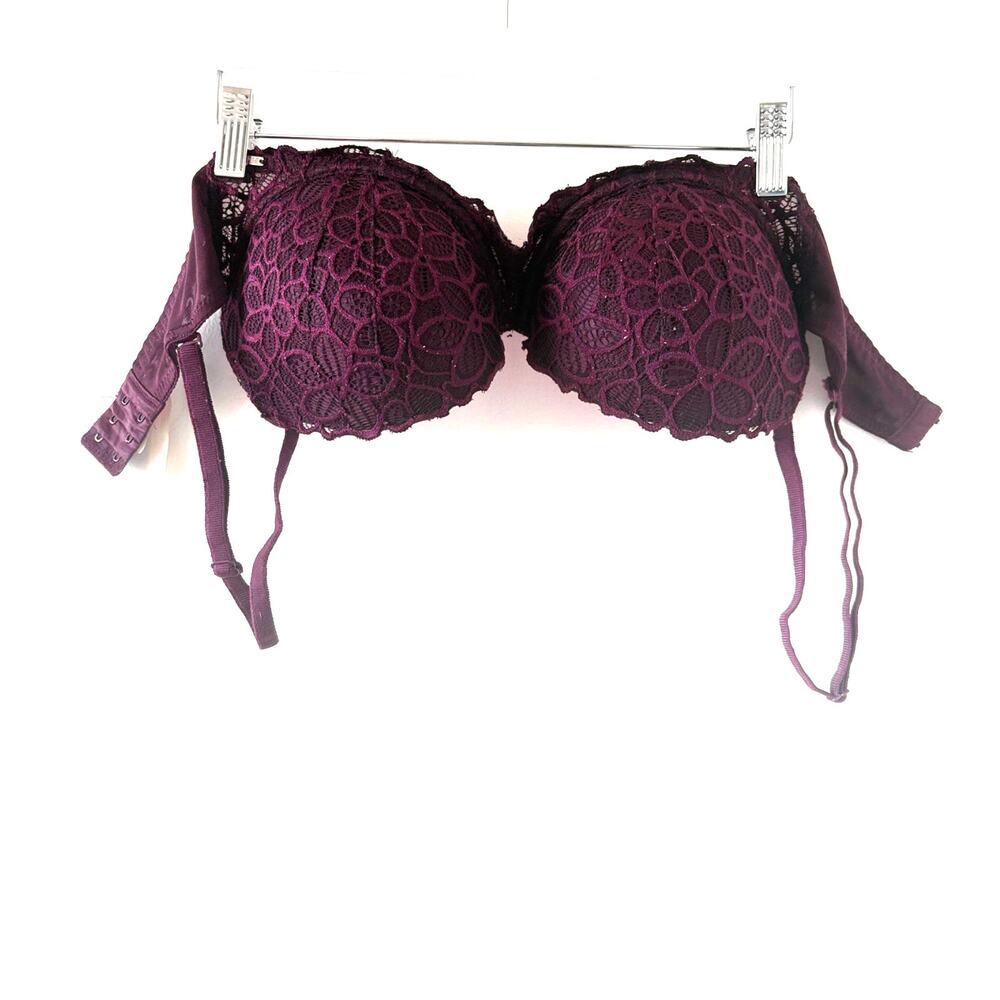 Victorias Secret PINK Cranberry Floral Lace Underwire Pushup Bra 34DD Adjustable